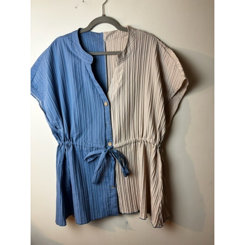 SHEIN CURVE 3XL Colorblock Pleated Drawstring Tunic‎ Peasant Top Feminine